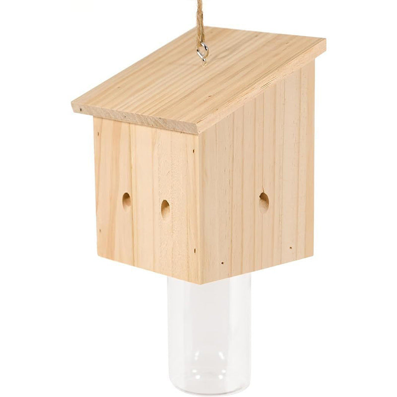 Hanging wooden bird feeder with glass jar seed reservoir and natural jute hanger Kalsten