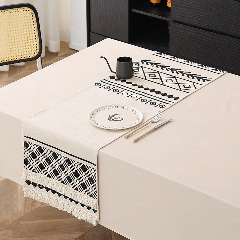Woven table runner in Boho style with fringes and geometric ethnic print Kalsten