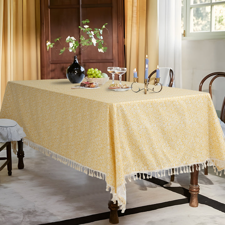 Rectangular tablecloth with floral Millefleurs print and cotton tassels Kalsten