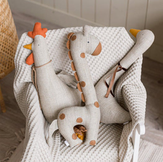 Handmade Linen Bunny Soft Cloth Doll with Embroidered Overalls