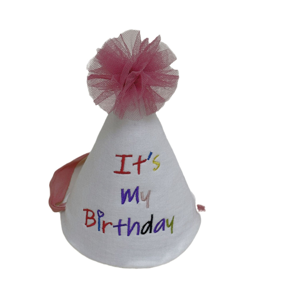 Embroidered Cotton Birthday Cone Party Hat with Tulle Pom and Ribbon Ties