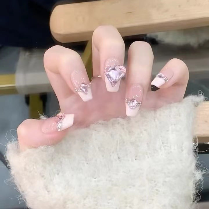 Glamorous Press-On Nail Set with Heart and Jewel Accents