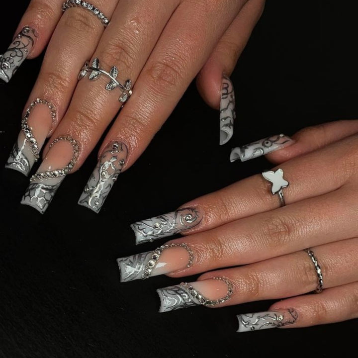 Artificial nails with elegant 3D pattern and radiant rhinestone decorations Kalsten