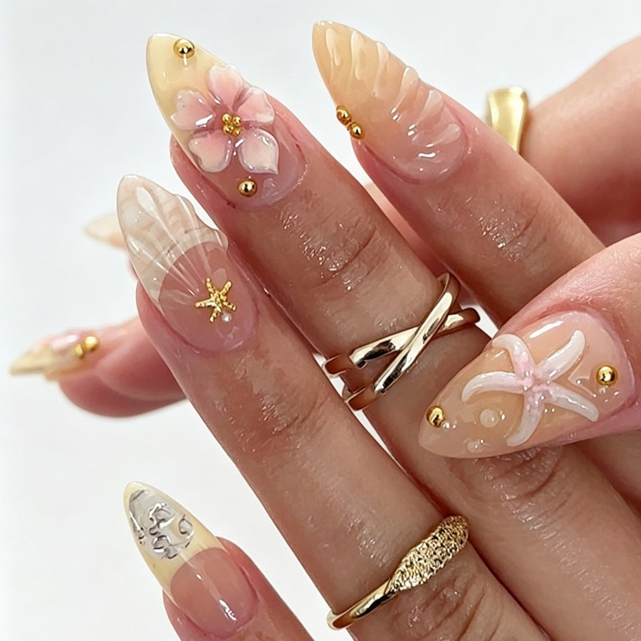 Artificial nail set with floral 3D elements and golden accents Kalsten