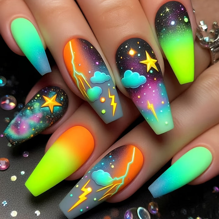 Creative acrylic nails with neon galaxy design Kalsten