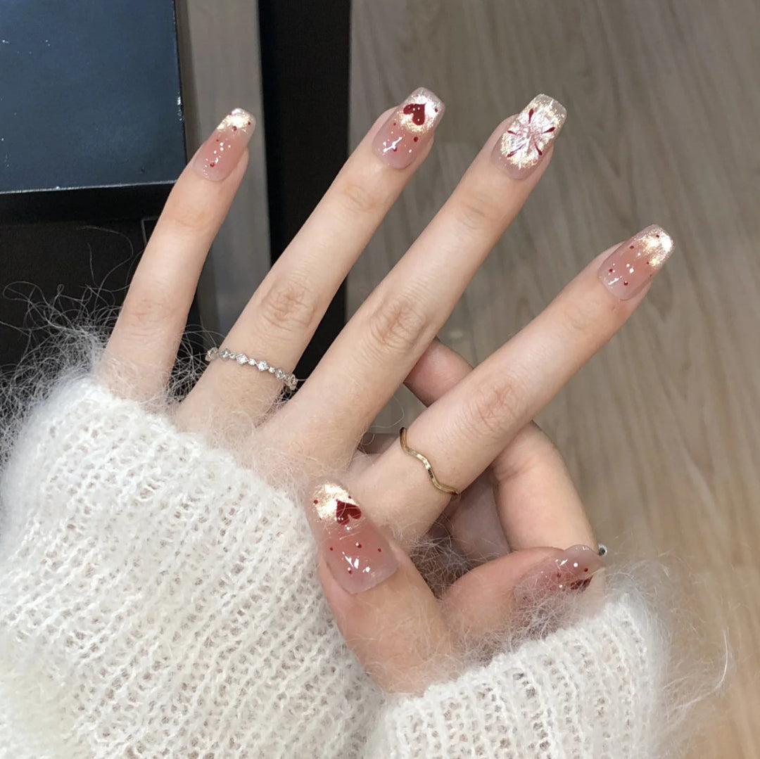 Artistic Press-On Nail Set with Heart and Design Accents Kalsten
