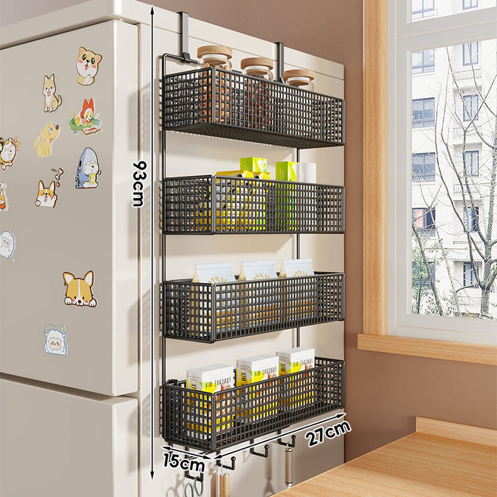 Over-Refrigerator Vertical Hanging Mesh Storage Rack with Deep Baskets and Hook Rail