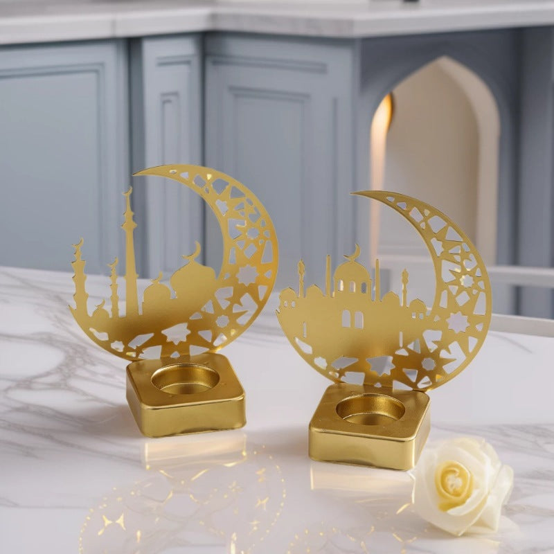 Crescent Silhouette Mosque Tea Light Lantern with Filigree Metal Base Kalsten