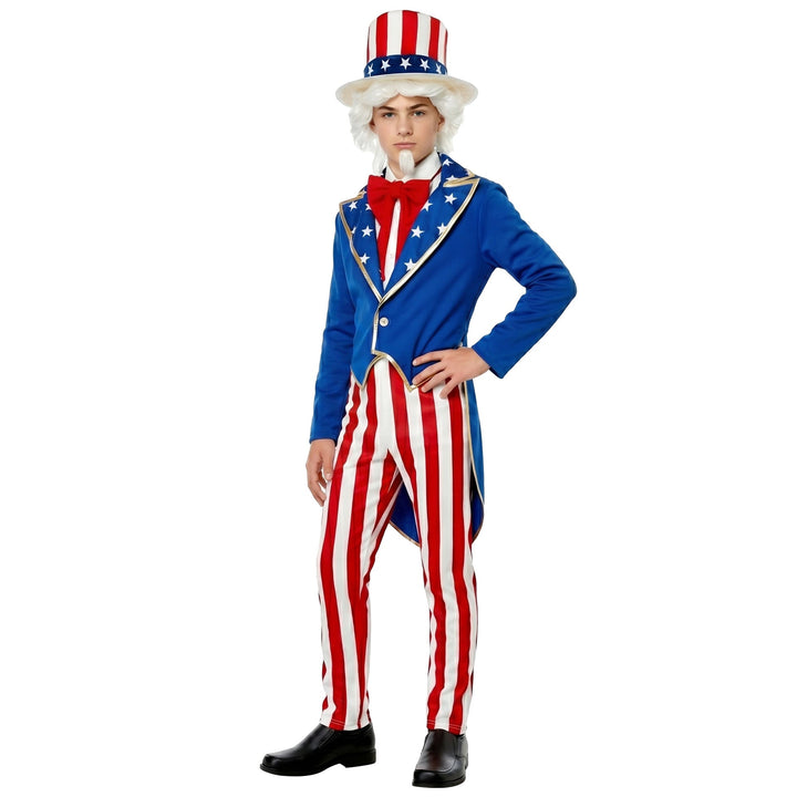 Unisex nan Patriotic Americana Uncle Sam Costume Set with Tailcoat, Striped Trousers, Top Hat and Bow Kalsten