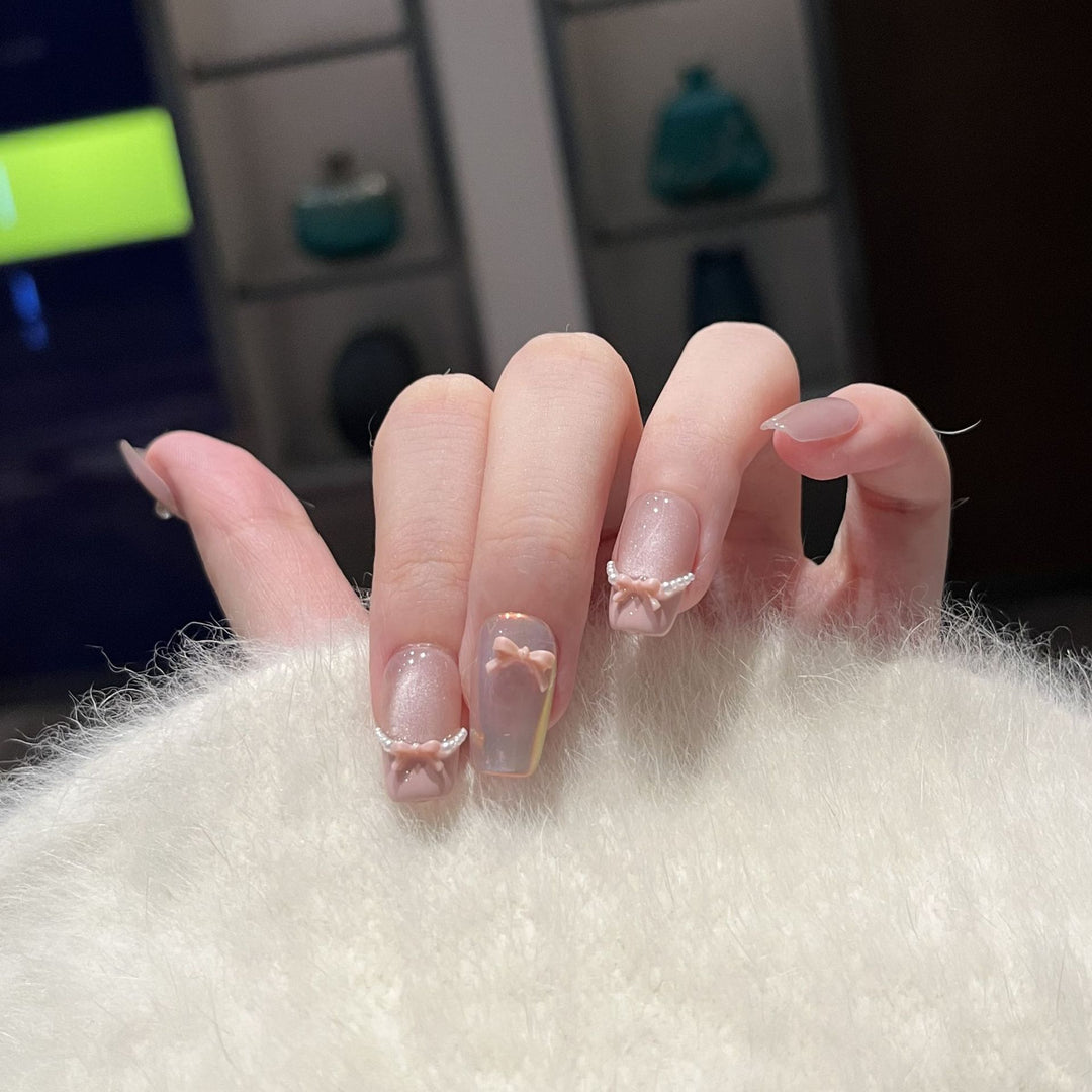 Decorative Press-On Nail Art Set with Artistic Bow and Pearl Accents Kalsten