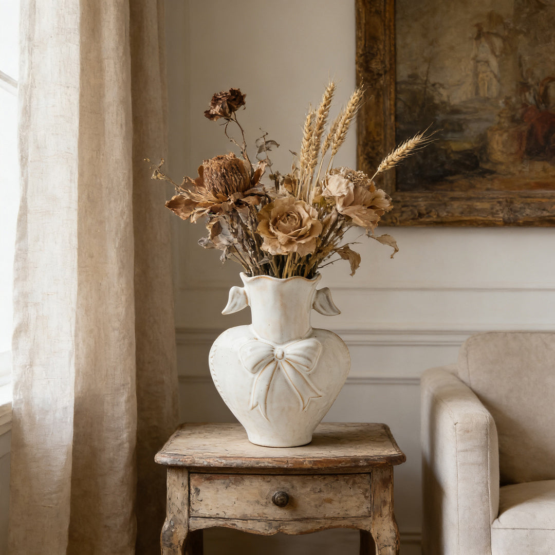 Decorative Heart-Shaped Ceramic Vase with Sculpted Bow and Wavy Neck