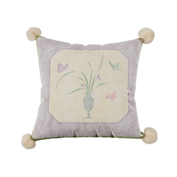 Decorative Velvet Throw Pillow Cover with Pom-Pom Corners and Botanical Butterfly Motif