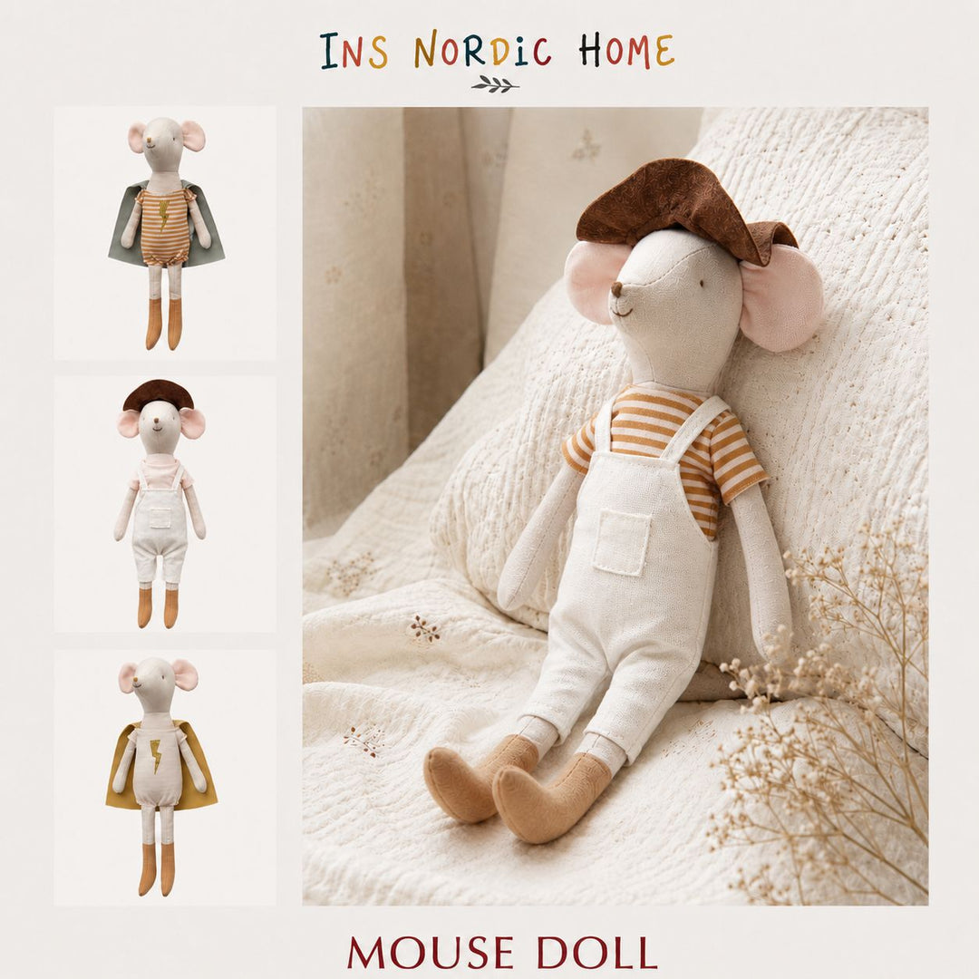 Handcrafted Long-Legged Linen Mouse Plush Doll with Striped Romper