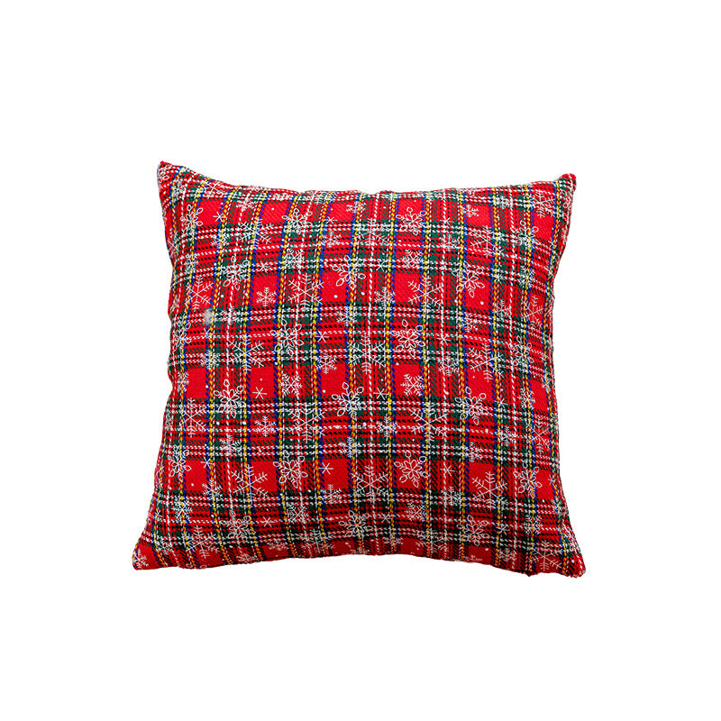 Decorative Holiday Plaid Throw Pillow Cover with Embroidered Snowflake Accents