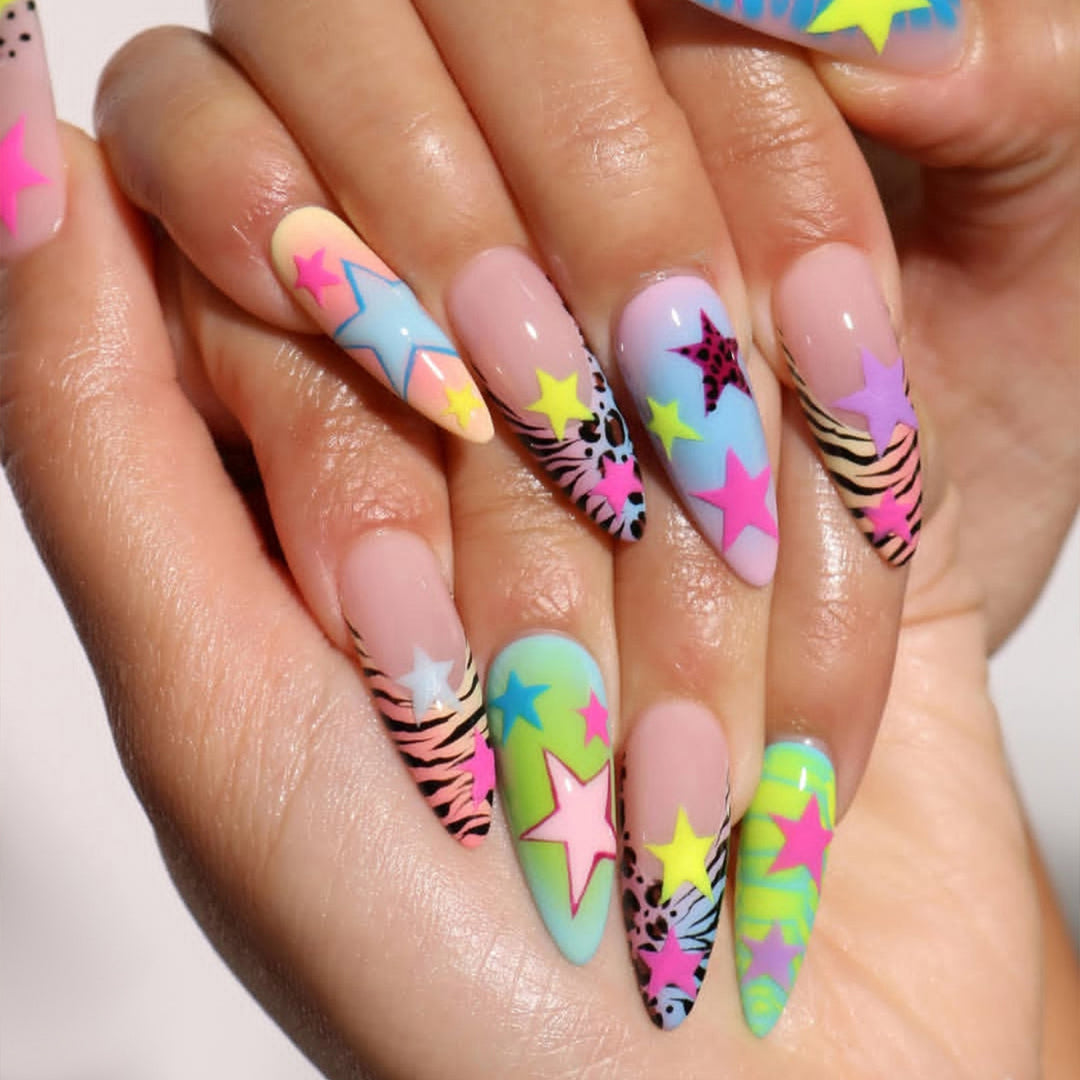 Artistic Press-On Nail Set with Colorful Star Patterns kalsten
