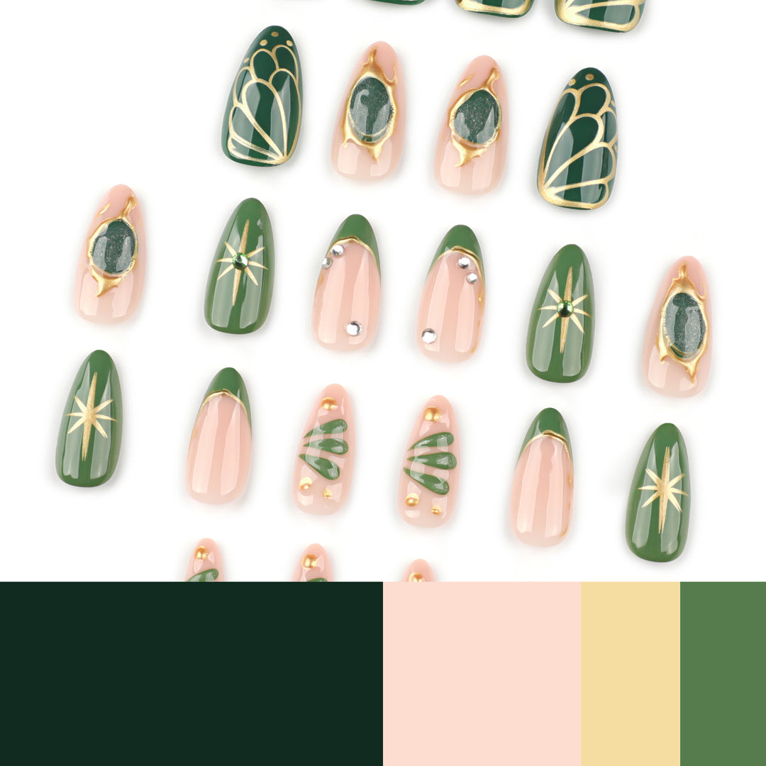 Artistic nail extensions with elegant gold and green shimmer Kalsten