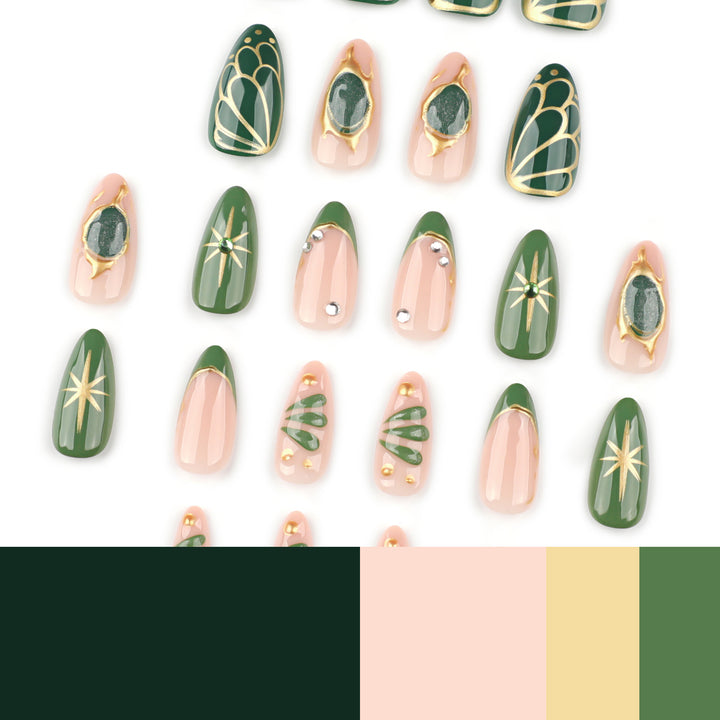 Artistic nail extensions with elegant gold and green shimmer Kalsten