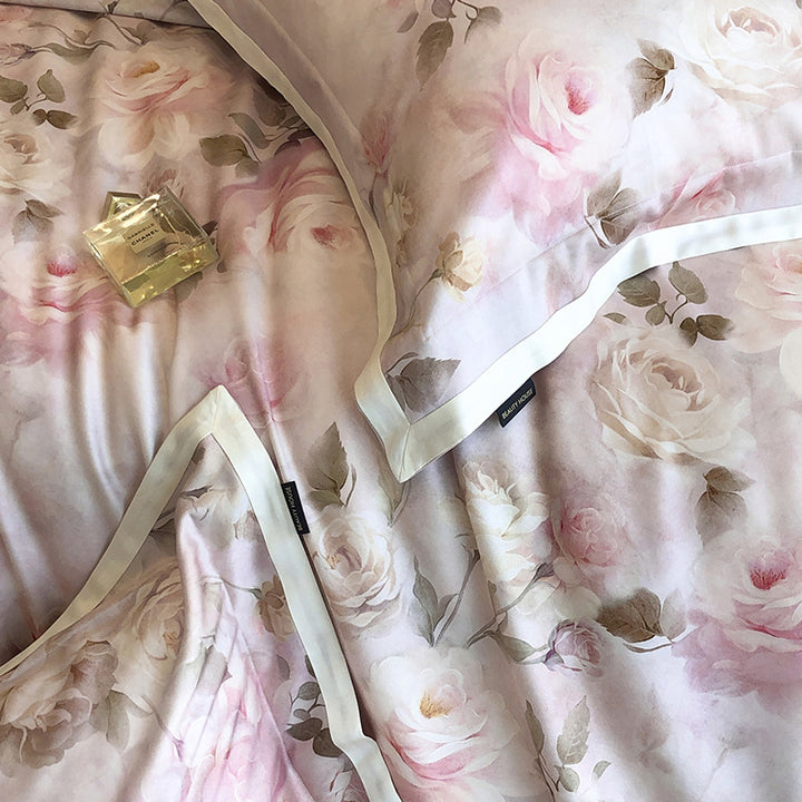 Luxurious cotton satin bedding set with watercolor rose pattern and satin trim