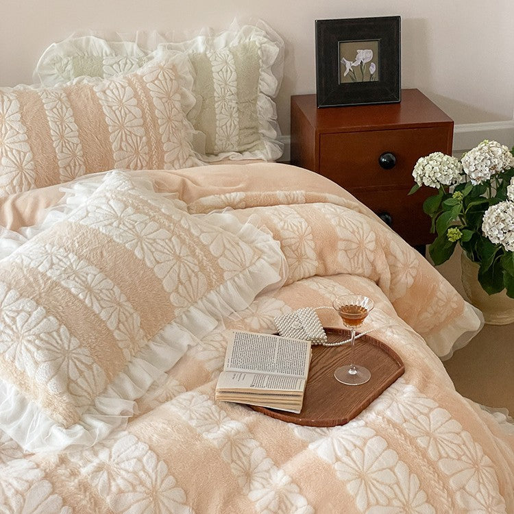 Teddy plush bedding set with ruffle, embroidered floral relief and Sherpa inner side
