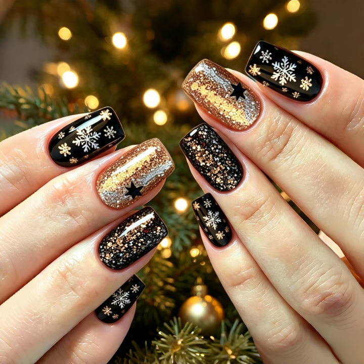 Creative artificial nails with sparkling glitter and festive winter design Kalsten