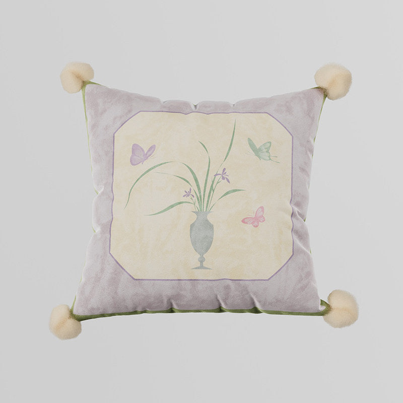 Decorative Velvet Throw Pillow Cover with Pom-Pom Corners and Botanical Butterfly Motif