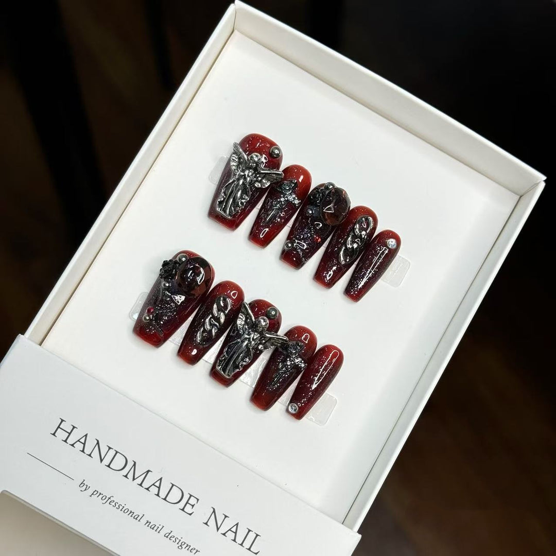 Artistic Press-On Nail Set with 3D Gothic Accents