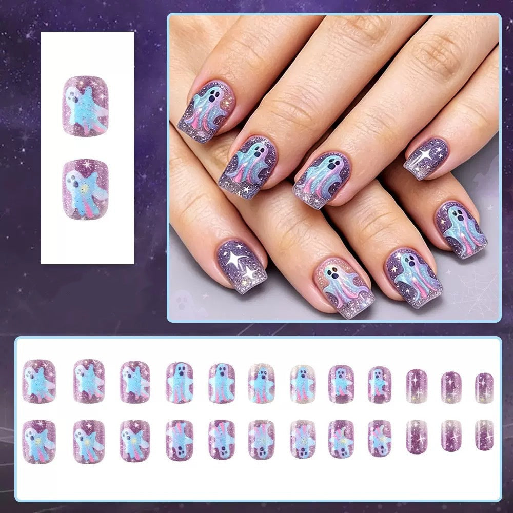 Acrylic Nail Set with Creepy Ghost Motifs Kalsten