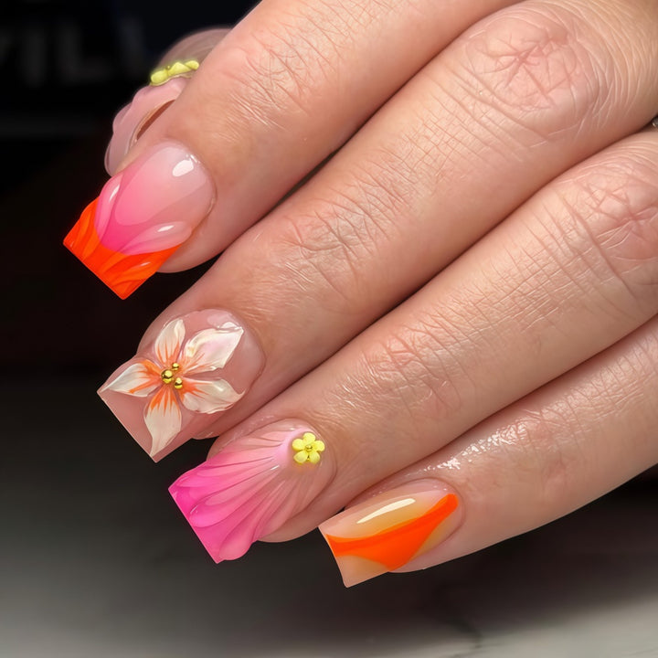 Artificial nails with floral 3D designs and gradient color Kalsten