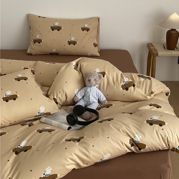 Children's bedding set with cute car bear design made of soft cotton blend