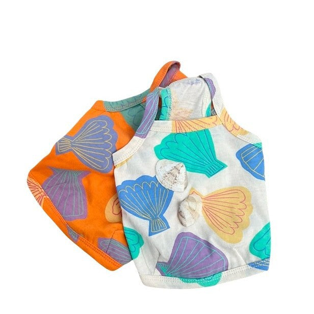 Small Dog Cotton Seashell-Print Sleeveless Tank Top with Stretch Hem