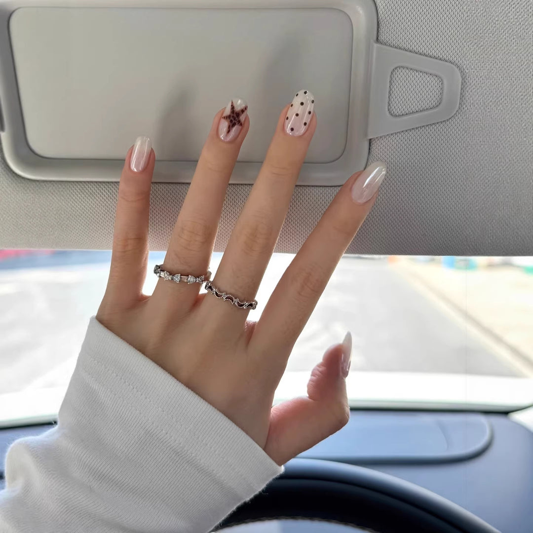Artistic Press-On Nail Art Set with Creative Star and Polka Dot Designs
