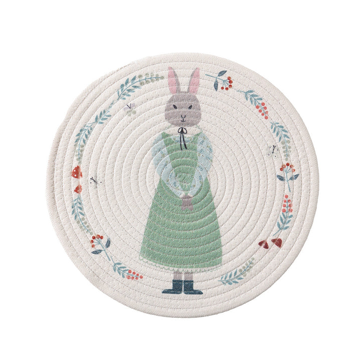 Round placemat made of woven cotton with a cute rhinoceros illustration and floral wreath Kalsten