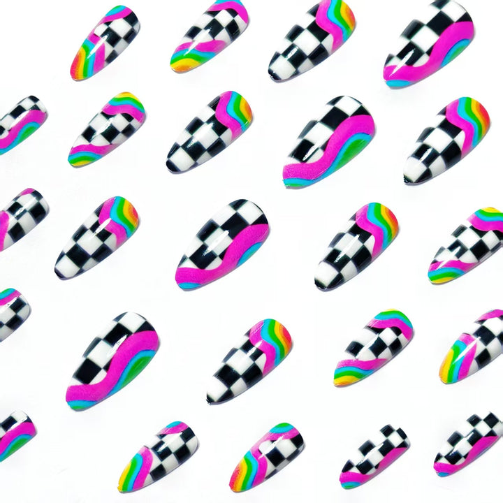 Creative artificial nails with colorful wave and checkerboard design Kalsten