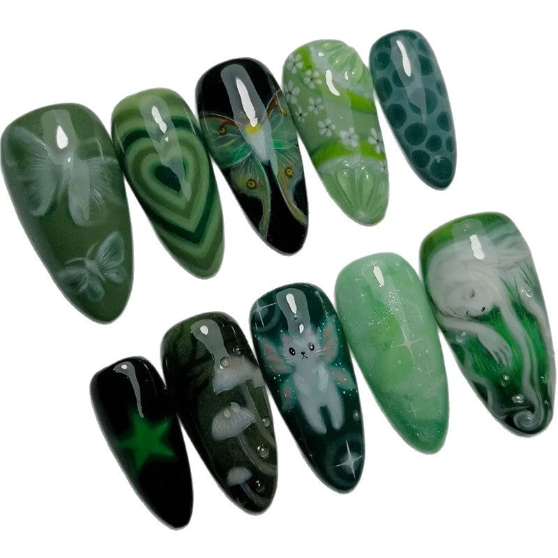 Artistic Green-Themed Acrylic Nail Enhancements Kalsten