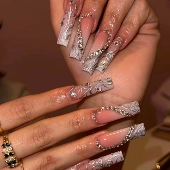 Artificial nails with elegant 3D pattern and radiant rhinestone decorations Kalsten