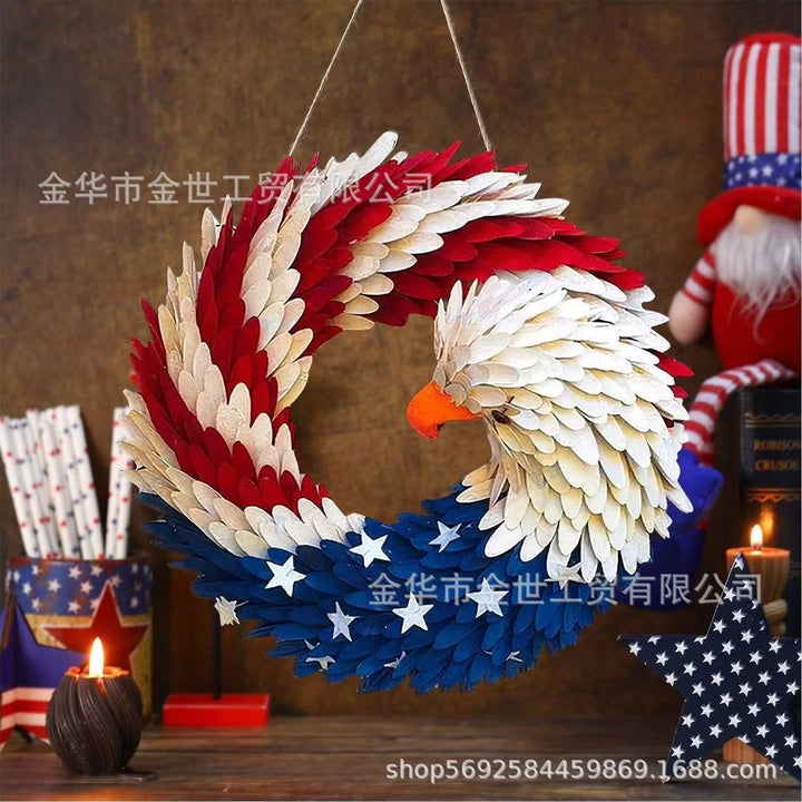 Independence Day rustic round wooden patriotic cross wall plaque with floral accents and God Bless America banner Kalsten