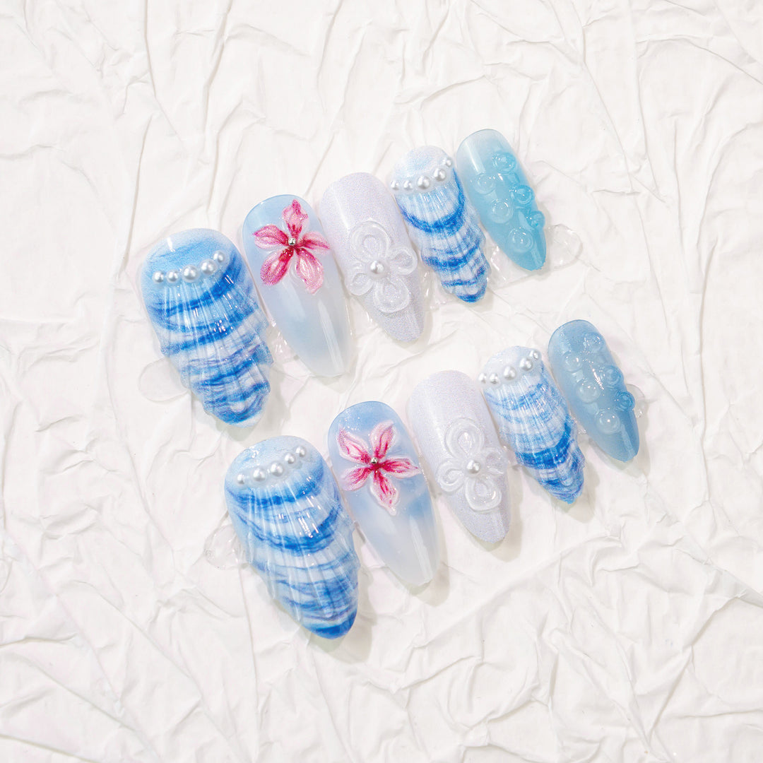 Artistic Floral and Shell-Design Press-On Nail Art Set Kalsten