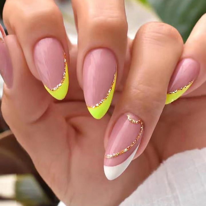 Glamorous French Tip Press-On Nails with Glittering Accents