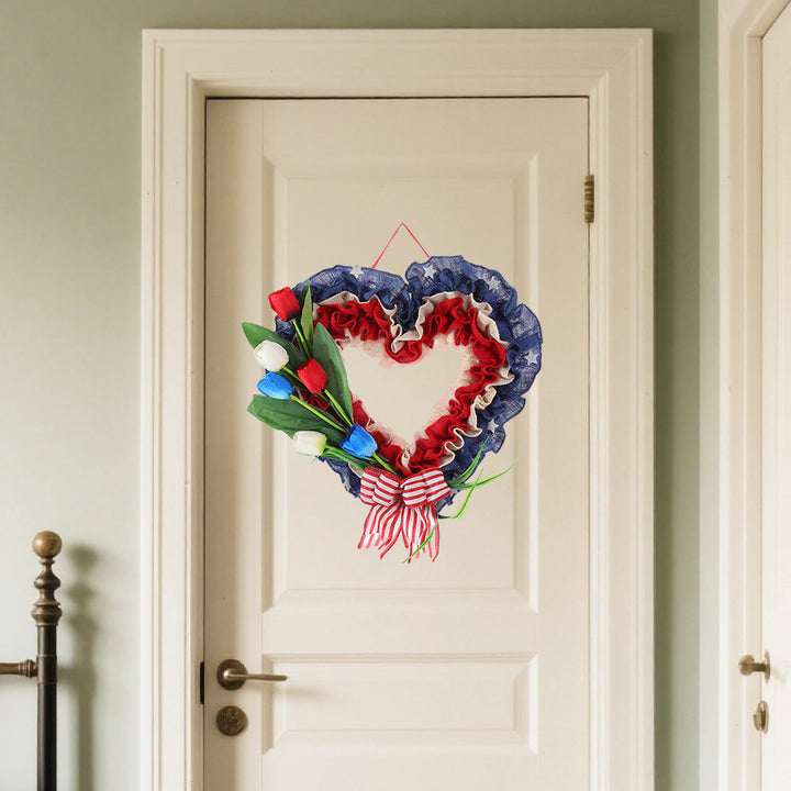Unisex heart-shaped door wreath made of jute with star embellishments and artificial tulips Kalsten