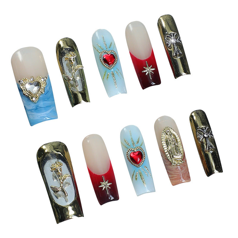 Artificial nail set with cherry motif and sparkling rhinestones Kalsten