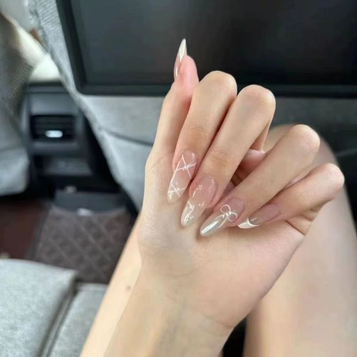 Artistic Press-On Nail Set with Bow and Geometric Design