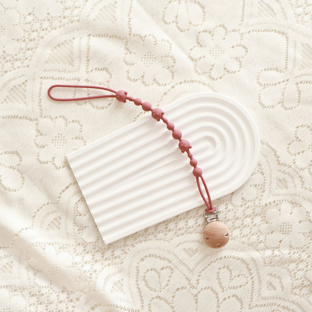 Baby Silicone Bead Teething Pacifier Clip with Wooden Safety Clip