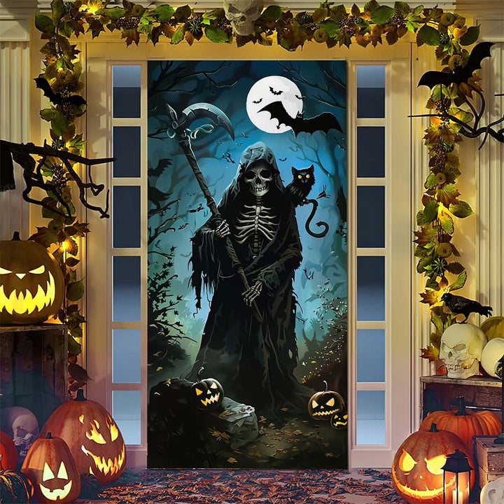 Halloween door poster with large-format Grim Reaper illustration and reusable PVC tarp fabric