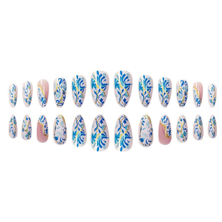 Artistic Floral Press-On Nail Design with Gold Accents Kalsten