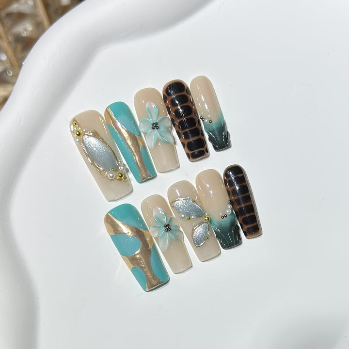 Artistic Press-On Nail Art Set with Floral and Geometric Designs Kalsten