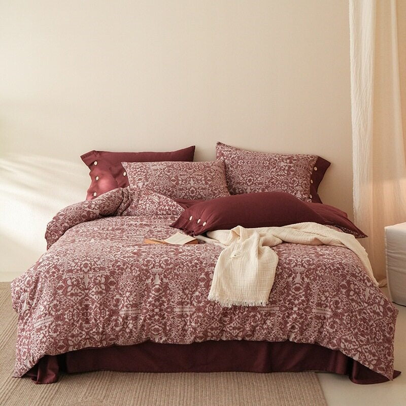 Bedding set made of breathable cotton satin with fine mosaic tile print and reversible function