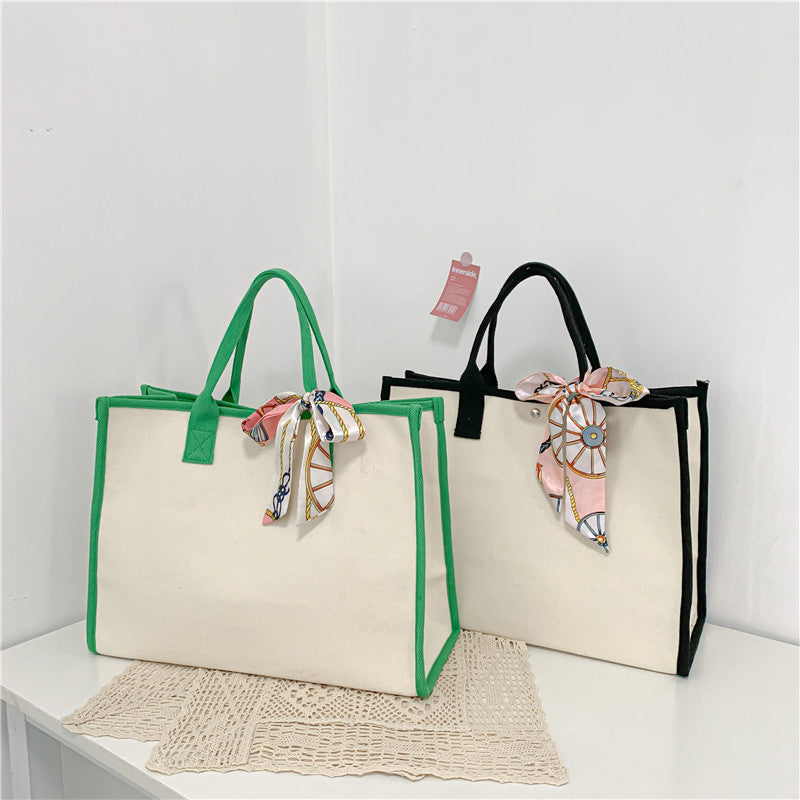 Spacious Canvas Tote Bag with Decorative Ribbon