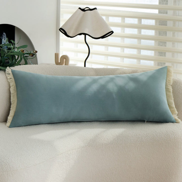 Rectangular microfiber lumbar pillow cover with decorative fringe border Kalsten