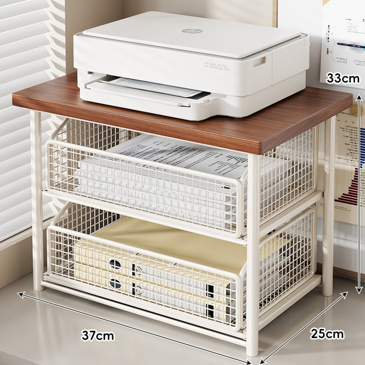 Desktop Printer & Office Equipment Riser with Wooden Top and Sliding Mesh Drawer