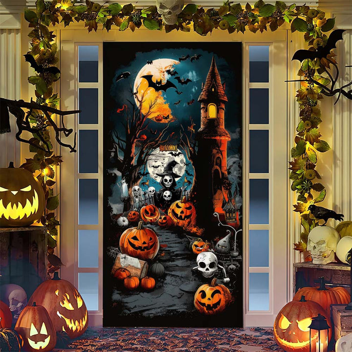 Halloween door poster with large-format Grim Reaper illustration and reusable PVC tarp fabric